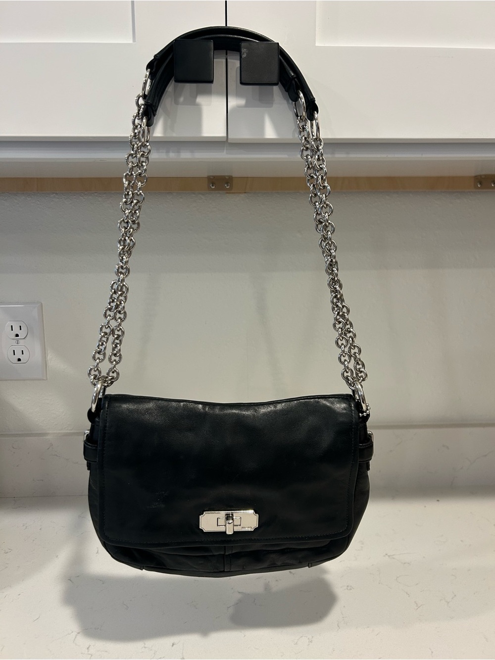 Coach Black Leather Shoulder Bag with Silver Chain Strap